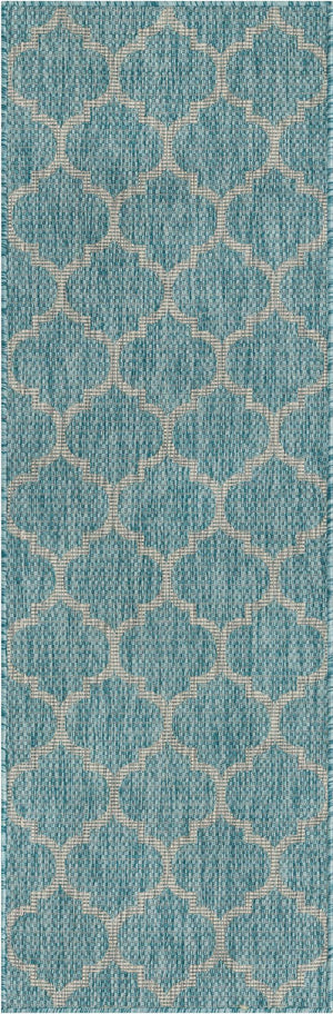 Aquamarine 2' x 6' 1 Outdoor Trellis Runner Area Rug Weather Resistant for Patio, Deck, Terrace, Balcony, Porch Geometric Design Water Safe Outside Carpet for Sale at Rug Engine