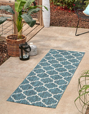 Teal 2' x 8' Outdoor Trellis Runner Area Rug Weather Resistant for Patio, Deck, Terrace, Balcony, Porch Geometric Design Water Safe Outside Carpet for Sale at Rug Engine