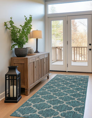 Teal 2' x 6' 1 Outdoor Trellis Runner Area Rug Weather Resistant for Patio, Deck, Terrace, Balcony, Porch Geometric Design Water Safe Outside Carpet for Sale at Rug Engine