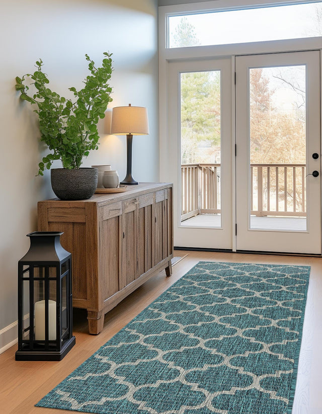 Teal 2' x 8' Outdoor Trellis Runner Area Rug Weather Resistant for Patio, Deck, Terrace, Balcony, Porch Geometric Design Water Safe Outside Carpet for Sale at Rug Engine