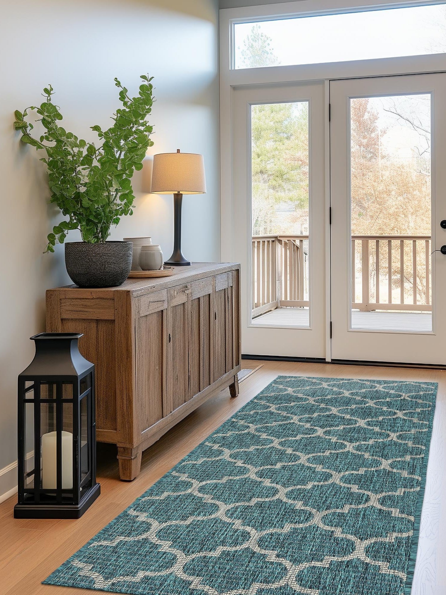 Teal 2' 7 x 12' Outdoor Trellis Runner Area Rug Weather Resistant for Patio, Deck, Terrace, Balcony, Porch Geometric Design Water Safe Outside Carpet for Sale at Rug Engine