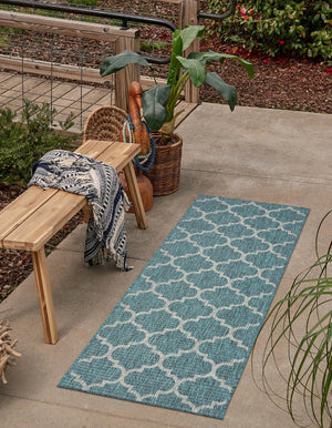 Teal 2' x 8' Outdoor Trellis Runner Area Rug Weather Resistant for Patio, Deck, Terrace, Balcony, Porch Geometric Design Water Safe Outside Carpet for Sale at Rug Engine
