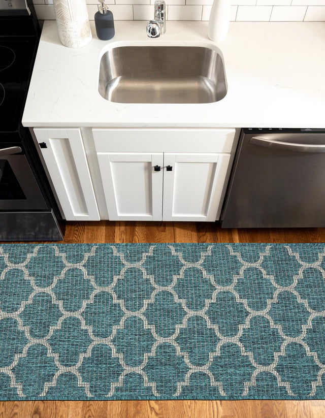Teal 2' x 6' 1 Outdoor Trellis Runner Area Rug Weather Resistant for Patio, Deck, Terrace, Balcony, Porch Geometric Design Water Safe Outside Carpet for Sale at Rug Engine