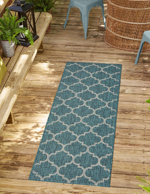 Teal 2' x 6' 1 Outdoor Trellis Runner Area Rug Weather Resistant for Patio, Deck, Terrace, Balcony, Porch Geometric Design Water Safe Outside Carpet for Sale at Rug Engine