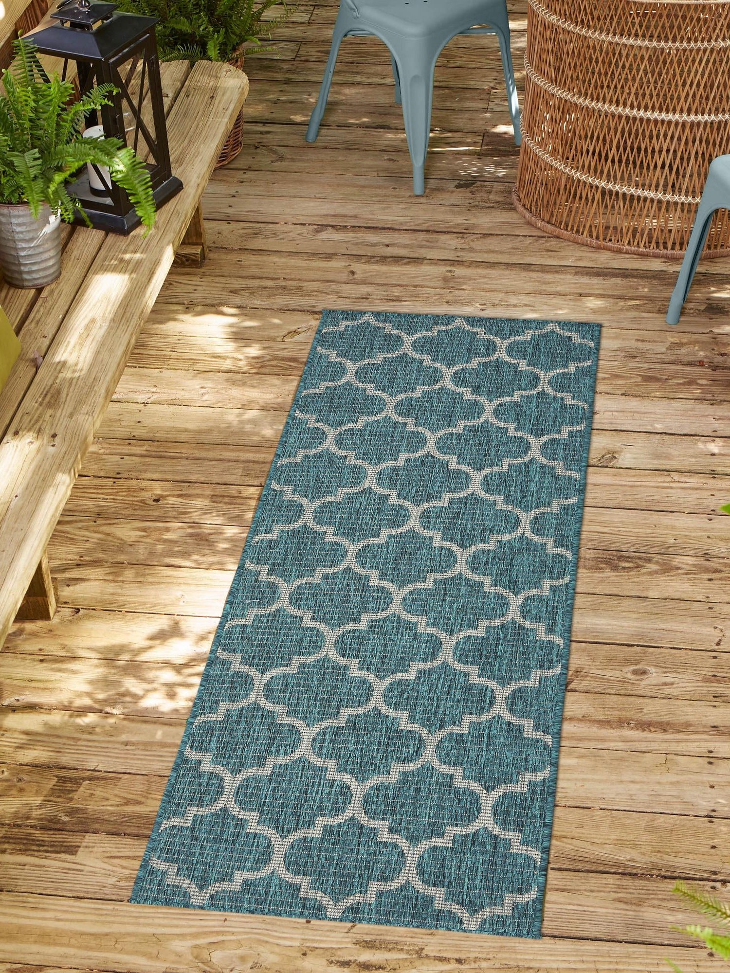 Teal 2' x 8' Outdoor Trellis Runner Area Rug Weather Resistant for Patio, Deck, Terrace, Balcony, Porch Geometric Design Water Safe Outside Carpet for Sale at Rug Engine