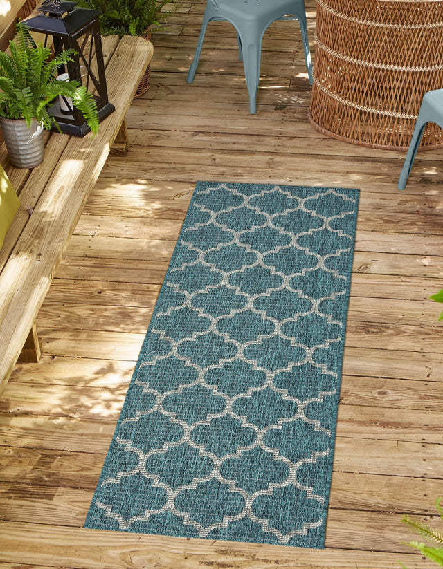Teal 2' x 8' Outdoor Trellis Runner Area Rug Weather Resistant for Patio, Deck, Terrace, Balcony, Porch Geometric Design Water Safe Outside Carpet for Sale at Rug Engine