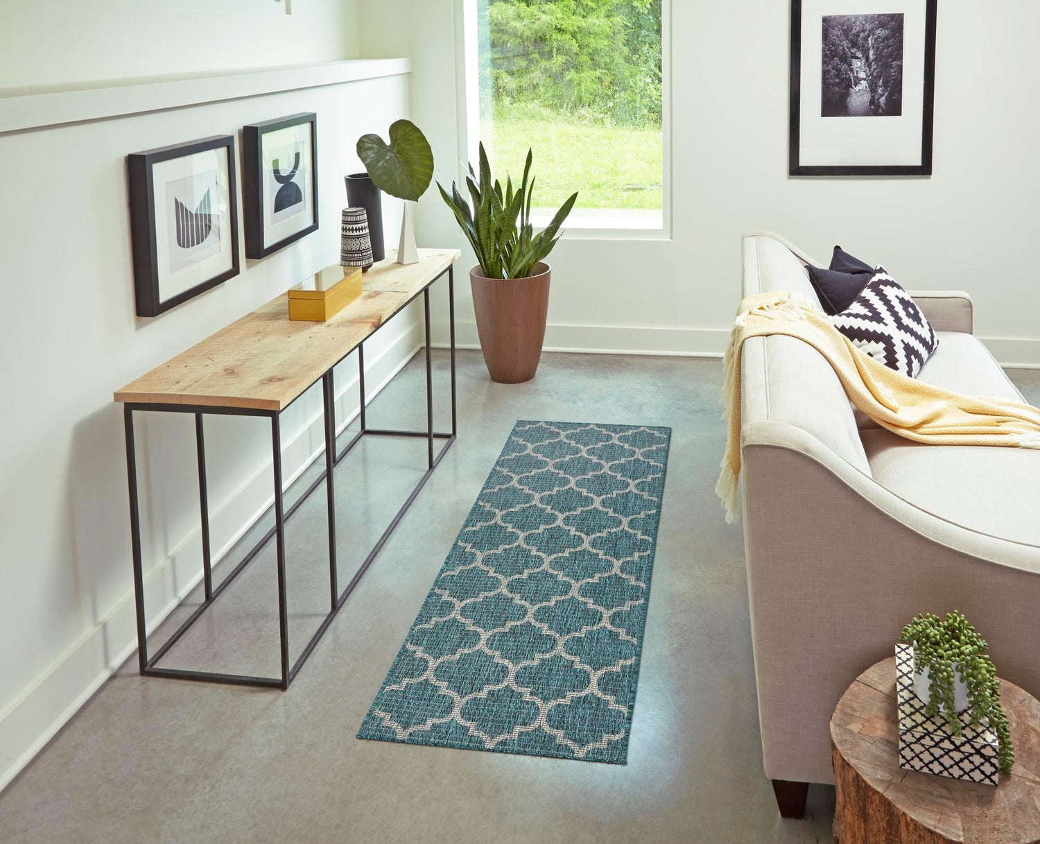 Teal 2' x 8' Outdoor Trellis Runner Area Rug Weather Resistant for Patio, Deck, Terrace, Balcony, Porch Geometric Design Water Safe Outside Carpet for Sale at Rug Engine