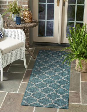 Teal 2' x 8' Outdoor Trellis Runner Area Rug Weather Resistant for Patio, Deck, Terrace, Balcony, Porch Geometric Design Water Safe Outside Carpet for Sale at Rug Engine