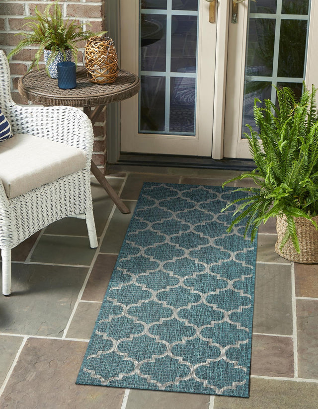 Teal 2' x 8' Outdoor Trellis Runner Area Rug Weather Resistant for Patio, Deck, Terrace, Balcony, Porch Geometric Design Water Safe Outside Carpet for Sale at Rug Engine