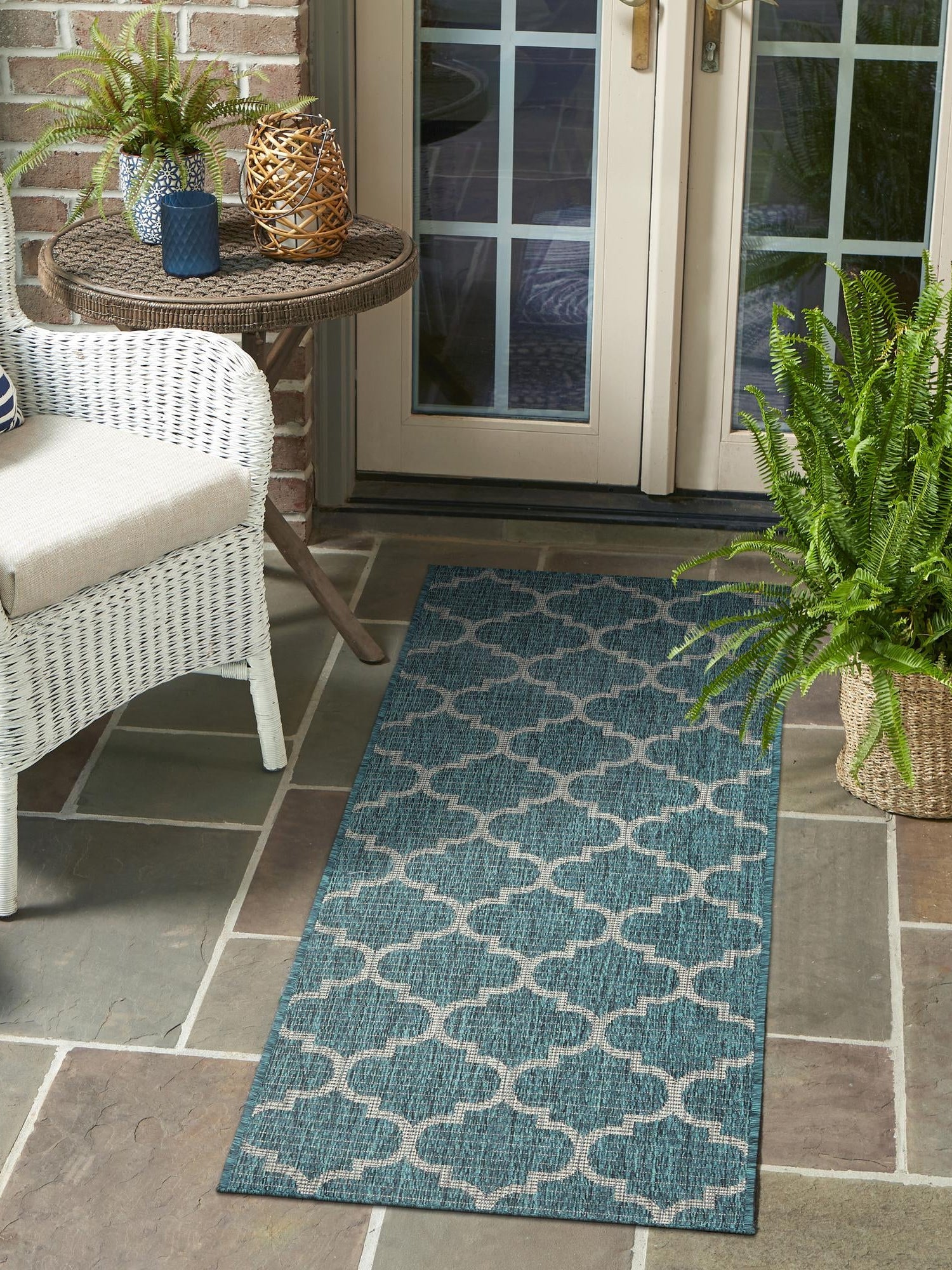 Teal 2' 7 x 12' Outdoor Trellis Runner Area Rug Weather Resistant for Patio, Deck, Terrace, Balcony, Porch Geometric Design Water Safe Outside Carpet for Sale at Rug Engine