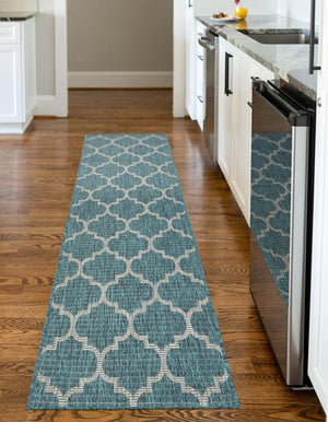 Teal 2' 7 x 12' Outdoor Trellis Runner Area Rug Weather Resistant for Patio, Deck, Terrace, Balcony, Porch Geometric Design Water Safe Outside Carpet for Sale at Rug Engine