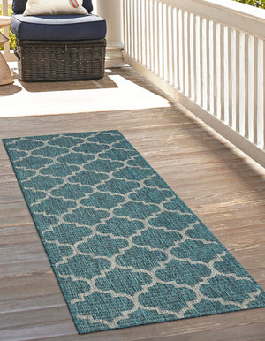 Teal 2' 7 x 12' Outdoor Trellis Runner Area Rug Weather Resistant for Patio, Deck, Terrace, Balcony, Porch Geometric Design Water Safe Outside Carpet for Sale at Rug Engine