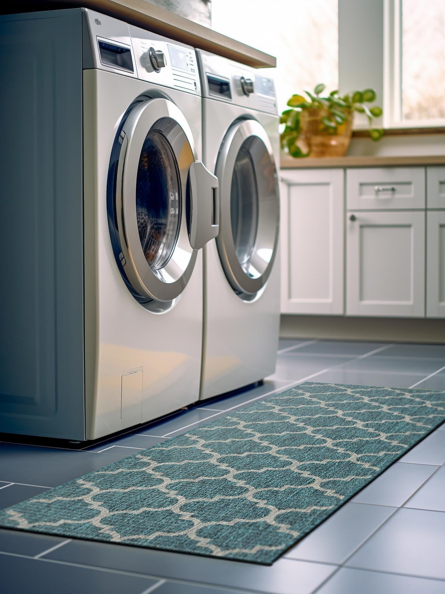 Teal 2' x 8' Outdoor Trellis Runner Area Rug Weather Resistant for Patio, Deck, Terrace, Balcony, Porch Geometric Design Water Safe Outside Carpet for Sale at Rug Engine