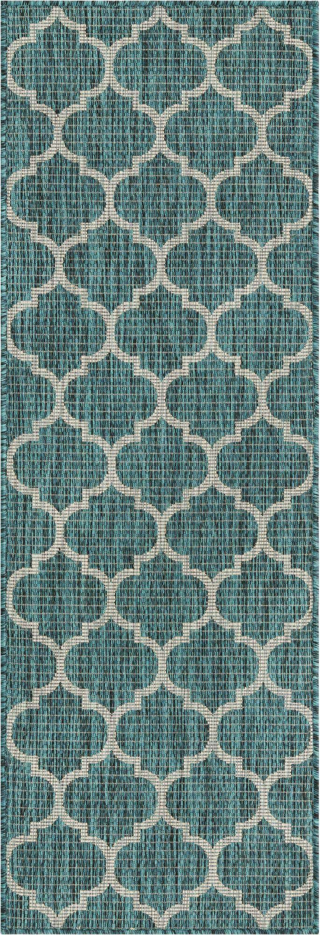 Teal 2' x 6' 1 Outdoor Trellis Runner Area Rug Weather Resistant for Patio, Deck, Terrace, Balcony, Porch Geometric Design Water Safe Outside Carpet for Sale at Rug Engine