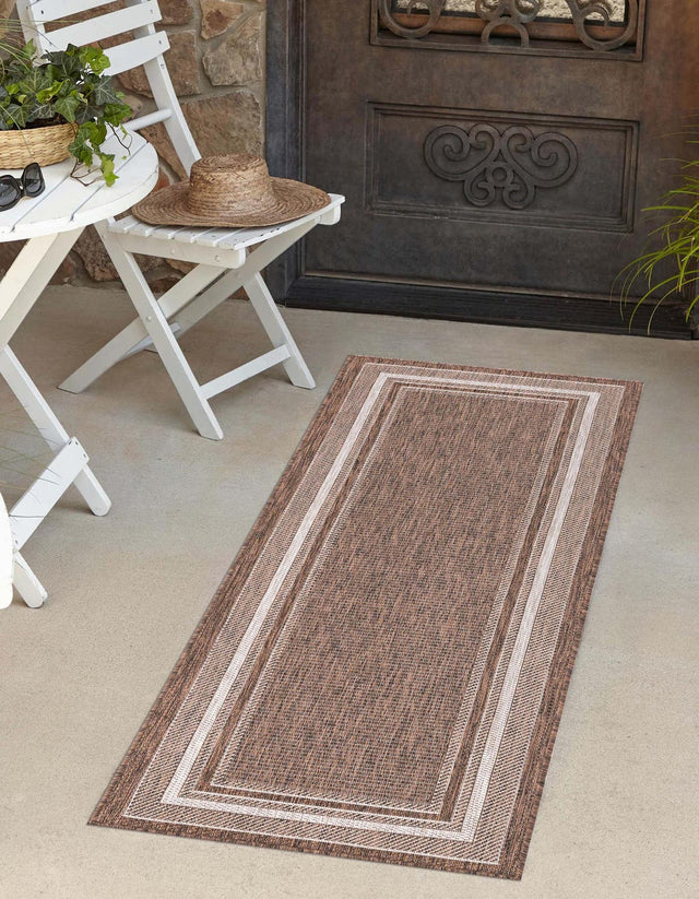 Brown 2' x 6' 1 Outdoor Border Runner Area Rug Weather Resistant for Patio, Deck, Terrace, Balcony, Porch 100% Polypropylene Classic Bordered Carpet for Sale at Rug Engine