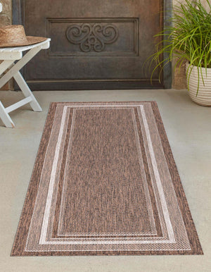 Brown 2' x 8' Outdoor Border Runner Area Rug Weather Resistant for Patio, Deck, Terrace, Balcony, Porch 100% Polypropylene Classic Bordered Carpet for Sale at Rug Engine