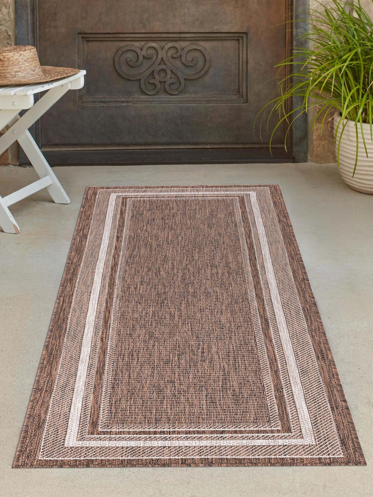 Brown 2' x 6' 1 Outdoor Border Runner Area Rug Weather Resistant for Patio, Deck, Terrace, Balcony, Porch 100% Polypropylene Classic Bordered Carpet for Sale at Rug Engine