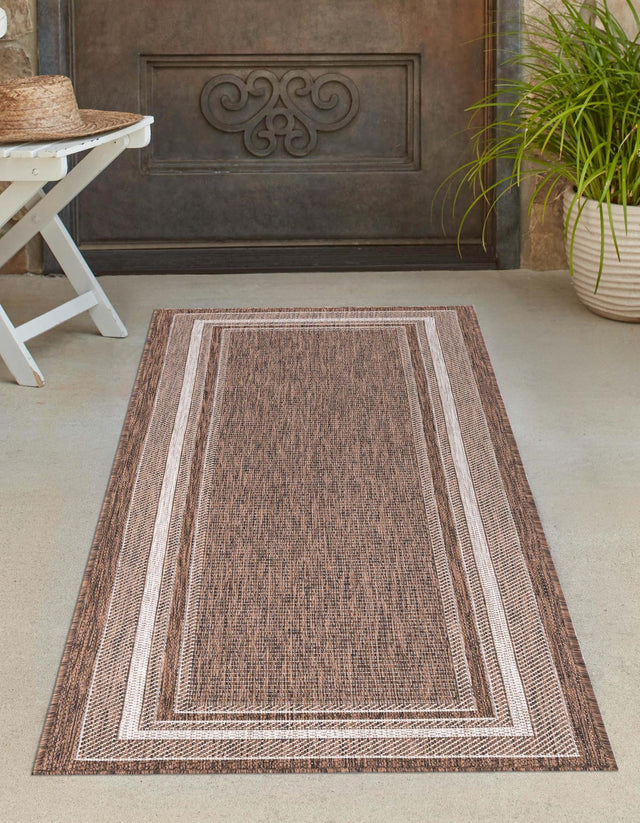 Brown 2' x 6' 1 Outdoor Border Runner Area Rug Weather Resistant for Patio, Deck, Terrace, Balcony, Porch 100% Polypropylene Classic Bordered Carpet for Sale at Rug Engine