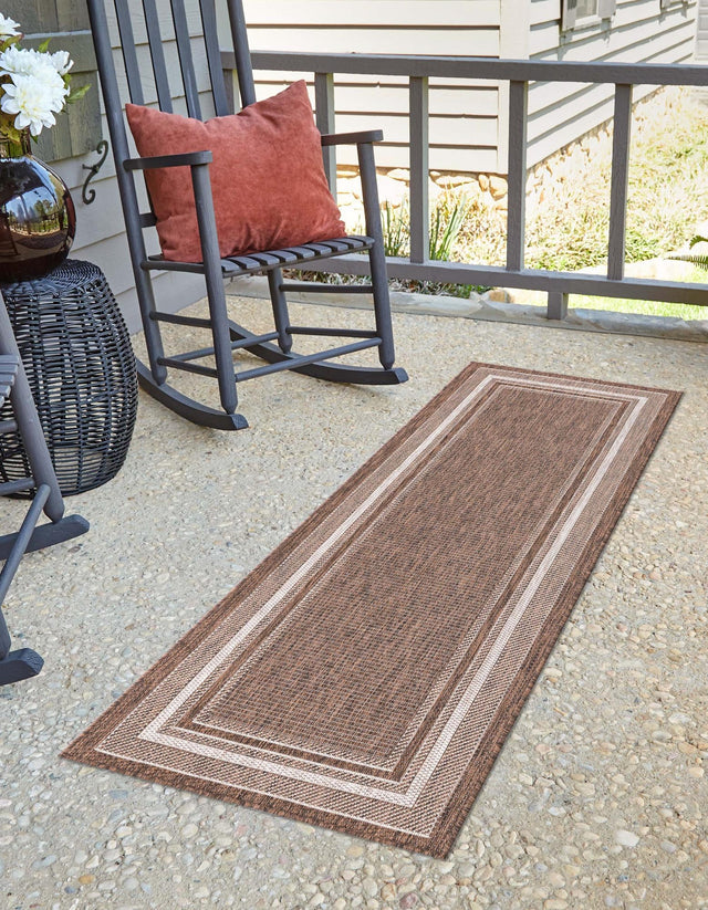 Brown 2' 7 x 10' Outdoor Border Runner Area Rug Weather Resistant for Patio, Deck, Terrace, Balcony, Porch 100% Polypropylene Classic Bordered Carpet for Sale at Rug Engine