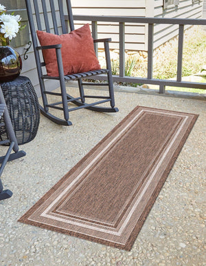 Brown 2' x 8' Outdoor Border Runner Area Rug Weather Resistant for Patio, Deck, Terrace, Balcony, Porch 100% Polypropylene Classic Bordered Carpet for Sale at Rug Engine