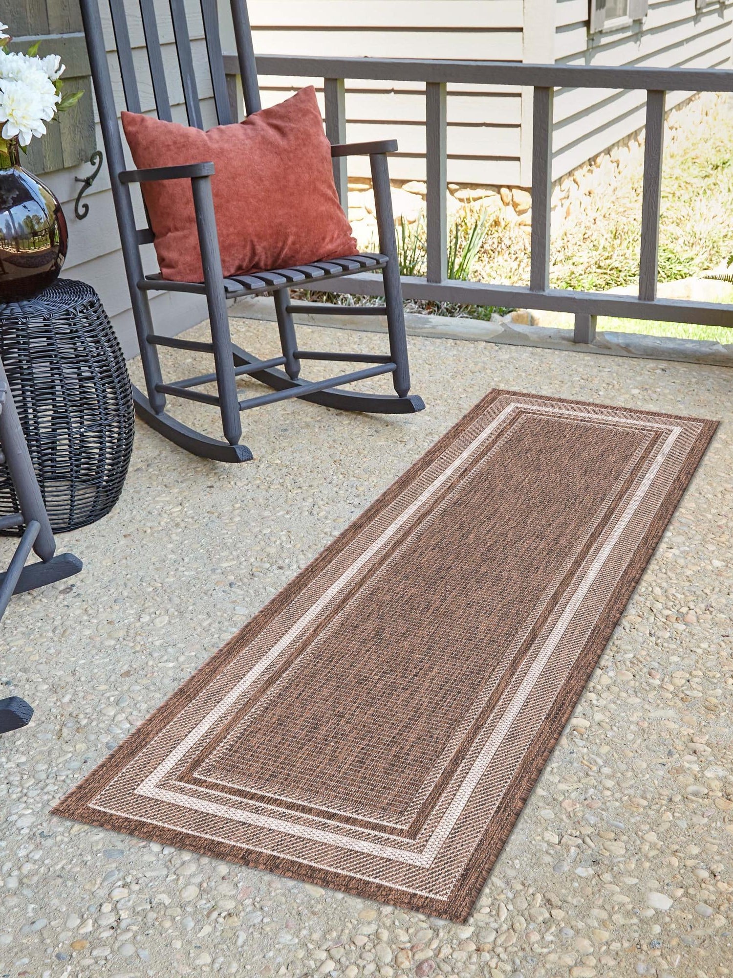 Brown 2' x 6' 1 Outdoor Border Runner Area Rug Weather Resistant for Patio, Deck, Terrace, Balcony, Porch 100% Polypropylene Classic Bordered Carpet for Sale at Rug Engine