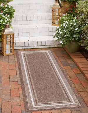 Brown 2' 7 x 10' Outdoor Border Runner Area Rug Weather Resistant for Patio, Deck, Terrace, Balcony, Porch 100% Polypropylene Classic Bordered Carpet for Sale at Rug Engine
