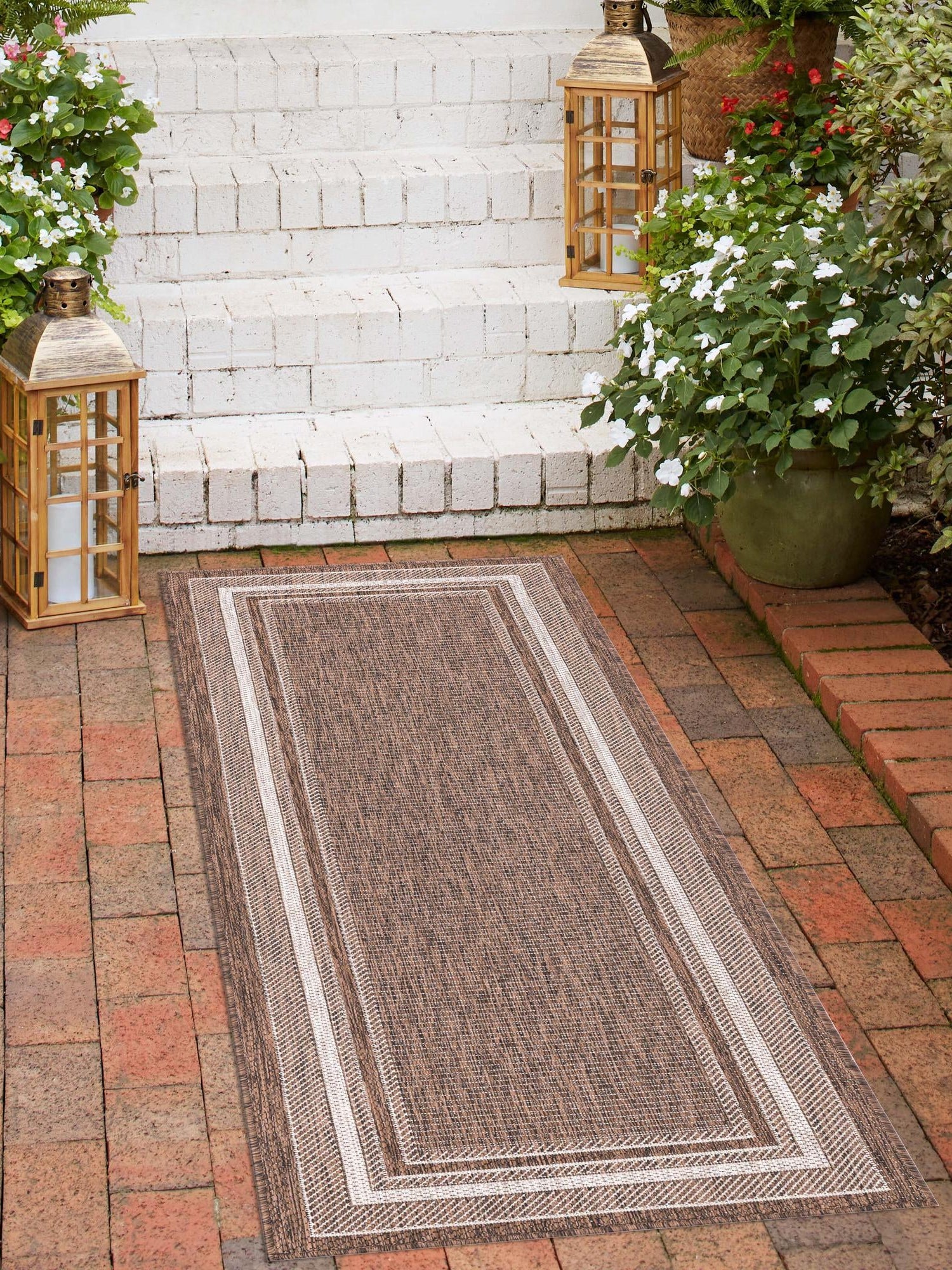 Brown 2' x 6' 1 Outdoor Border Runner Area Rug Weather Resistant for Patio, Deck, Terrace, Balcony, Porch 100% Polypropylene Classic Bordered Carpet for Sale at Rug Engine