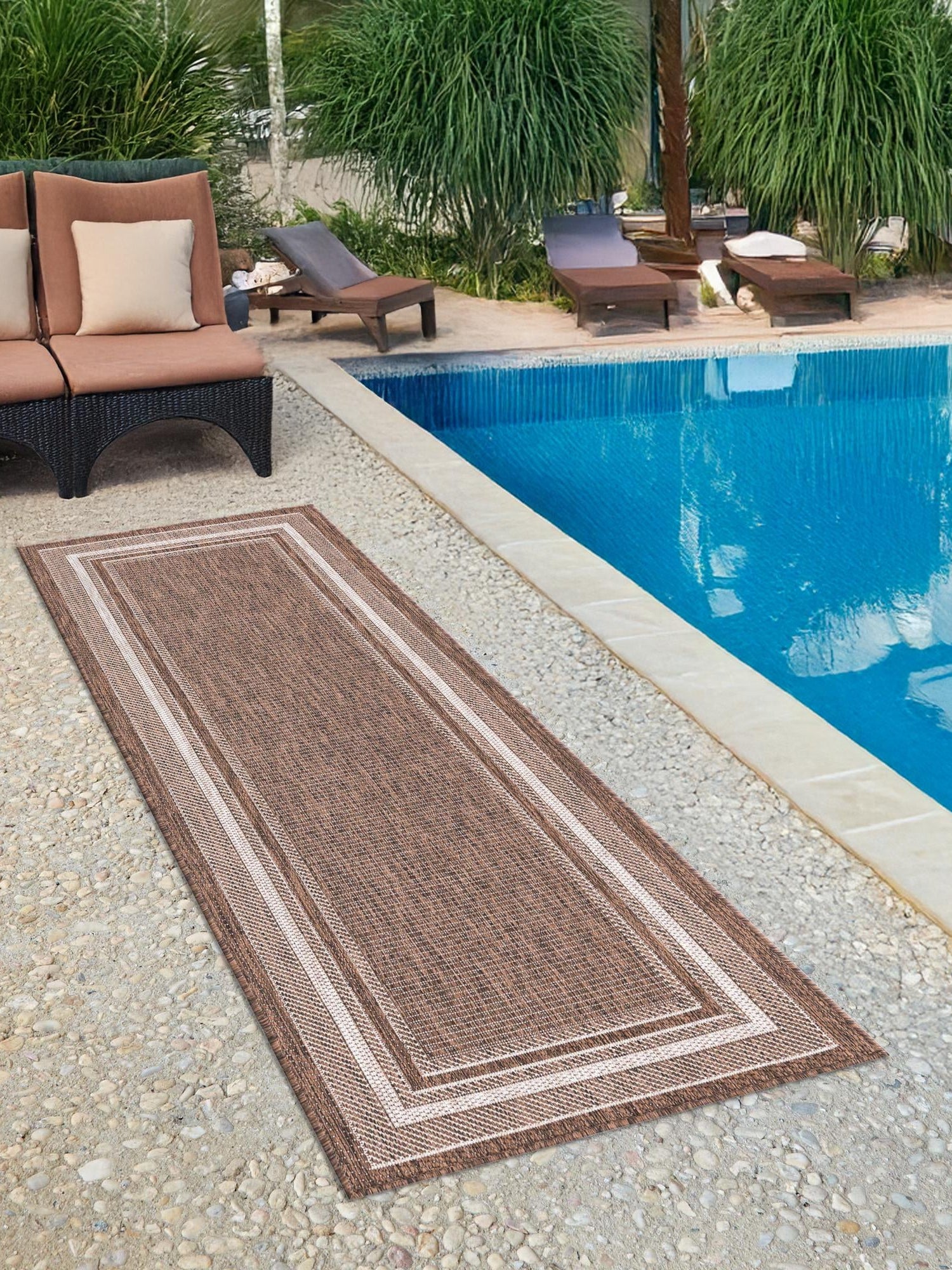 Brown 2' x 8' Outdoor Border Runner Area Rug Weather Resistant for Patio, Deck, Terrace, Balcony, Porch 100% Polypropylene Classic Bordered Carpet for Sale at Rug Engine