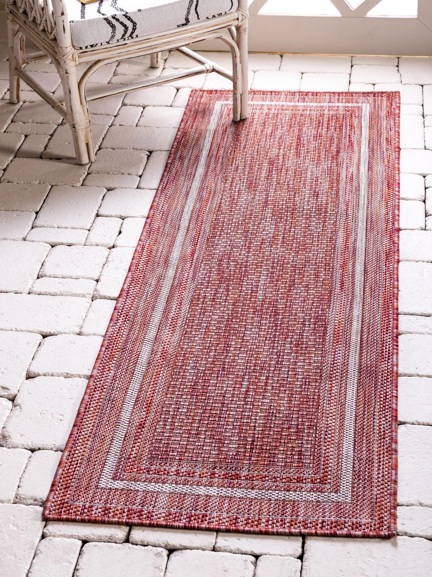 Rust Red 2' x 8' Outdoor Border Runner Area Rug Weather Resistant for Patio, Deck, Terrace, Balcony, Porch 100% Polypropylene Classic Bordered Carpet for Sale at Rug Engine