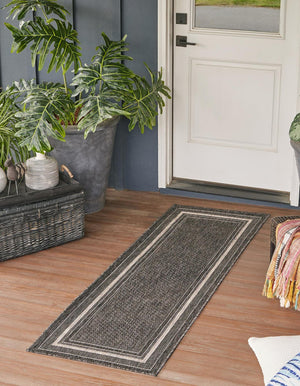 Black 2' x 6' 1 Outdoor Border Runner Area Rug Weather Resistant for Patio, Deck, Terrace, Balcony, Porch 100% Polypropylene Classic Bordered Carpet for Sale at Rug Engine