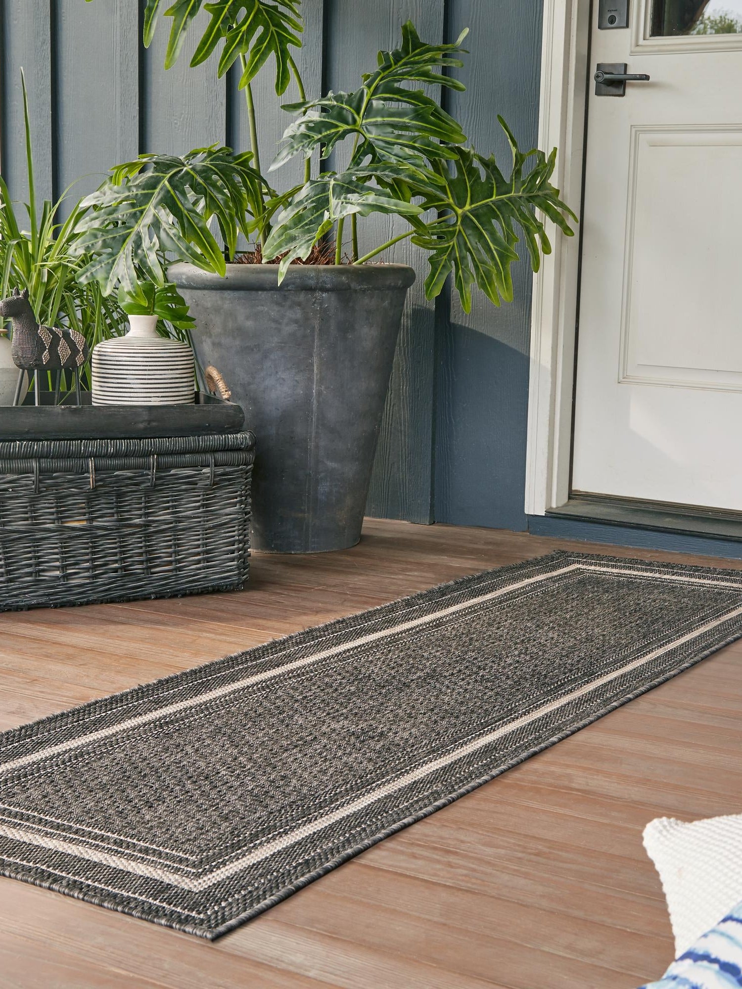 Black 2' 7 x 10' Outdoor Border Runner Area Rug Weather Resistant for Patio, Deck, Terrace, Balcony, Porch 100% Polypropylene Classic Bordered Carpet for Sale at Rug Engine