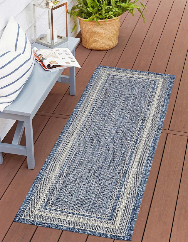 Blue 2' x 6' 1 Outdoor Border Runner Area Rug Weather Resistant for Patio, Deck, Terrace, Balcony, Porch 100% Polypropylene Classic Bordered Carpet for Sale at Rug Engine