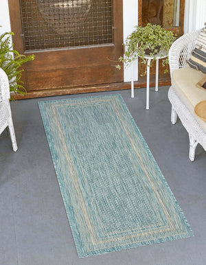 Aquamarine 2' x 6' 1 Outdoor Border Runner Area Rug Weather Resistant for Patio, Deck, Terrace, Balcony, Porch 100% Polypropylene Classic Bordered Carpet for Sale at Rug Engine