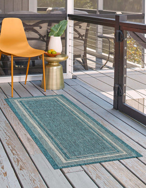 Teal 2' x 6' 1 Outdoor Border Runner Area Rug Weather Resistant for Patio, Deck, Terrace, Balcony, Porch 100% Polypropylene Classic Bordered Carpet for Sale at Rug Engine