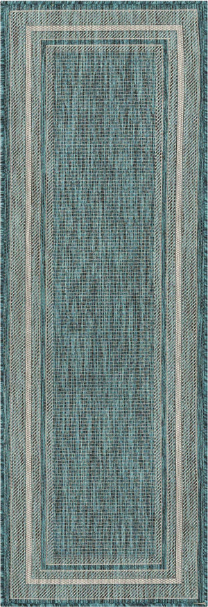 Teal 2' x 6' 1 Outdoor Border Runner Area Rug Weather Resistant for Patio, Deck, Terrace, Balcony, Porch 100% Polypropylene Classic Bordered Carpet for Sale at Rug Engine