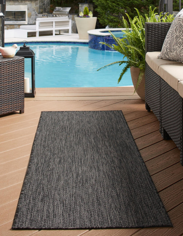 Black 2' 7 x 10' Outdoor Solid Runner Area Rug Weather Resistant for Patio, Deck, Terrace, Balcony, Porch 100% Polypropylene Minimalist Waterproof Carpet for Sale at Rug Engine