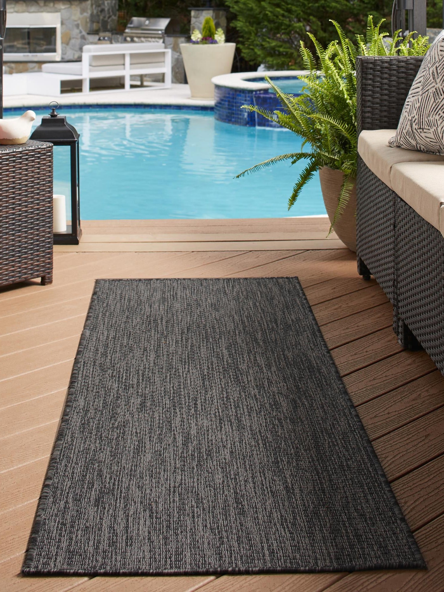 Black 2' x 6' 1 Outdoor Solid Runner Area Rug Weather Resistant for Patio, Deck, Terrace, Balcony, Porch 100% Polypropylene Minimalist Waterproof Carpet for Sale at Rug Engine