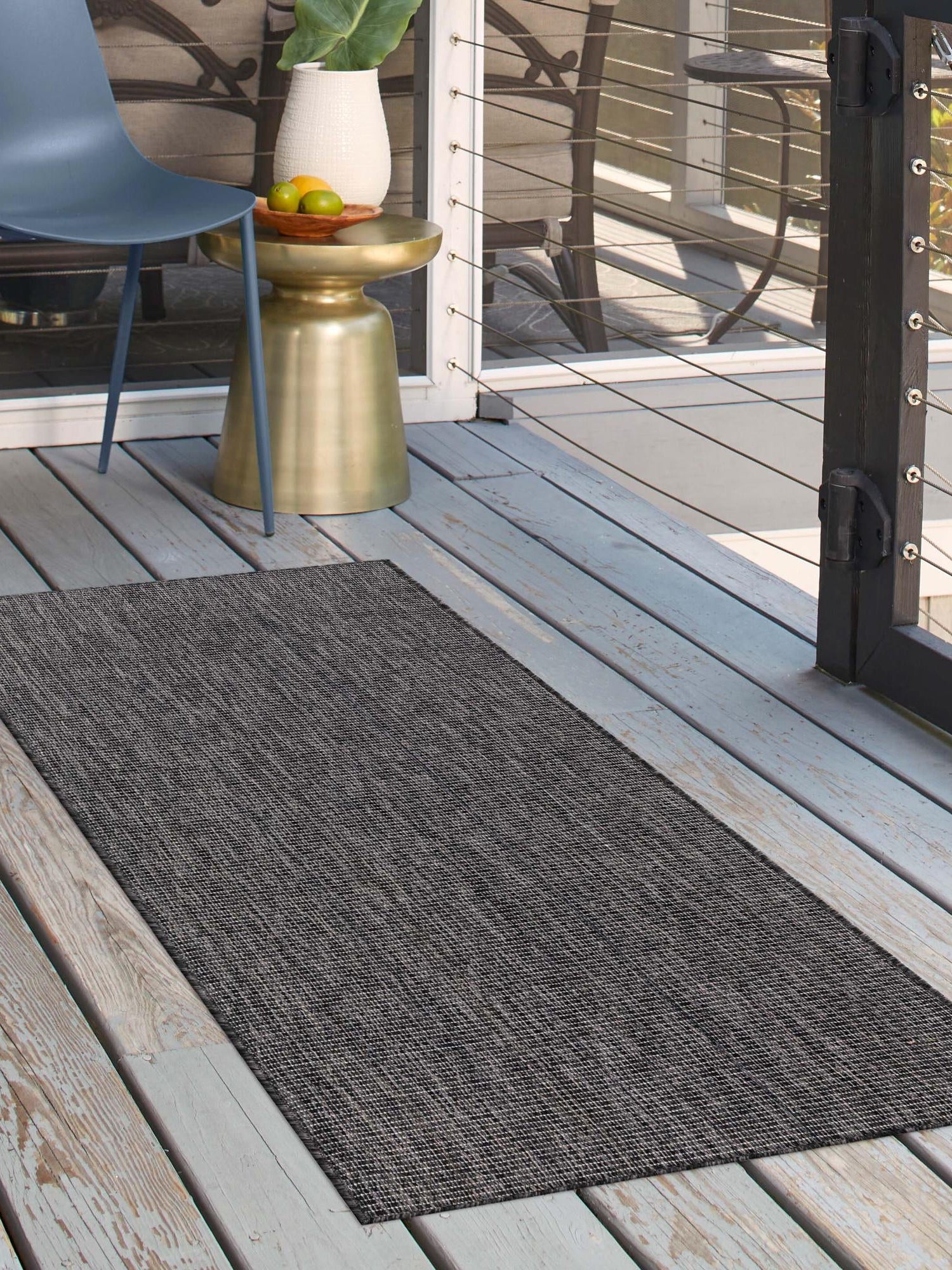 Black 2' x 7' 1 Outdoor Solid Runner Area Rug Weather Resistant for Patio, Deck, Terrace, Balcony, Porch 100% Polypropylene Minimalist Waterproof Carpet for Sale at Rug Engine