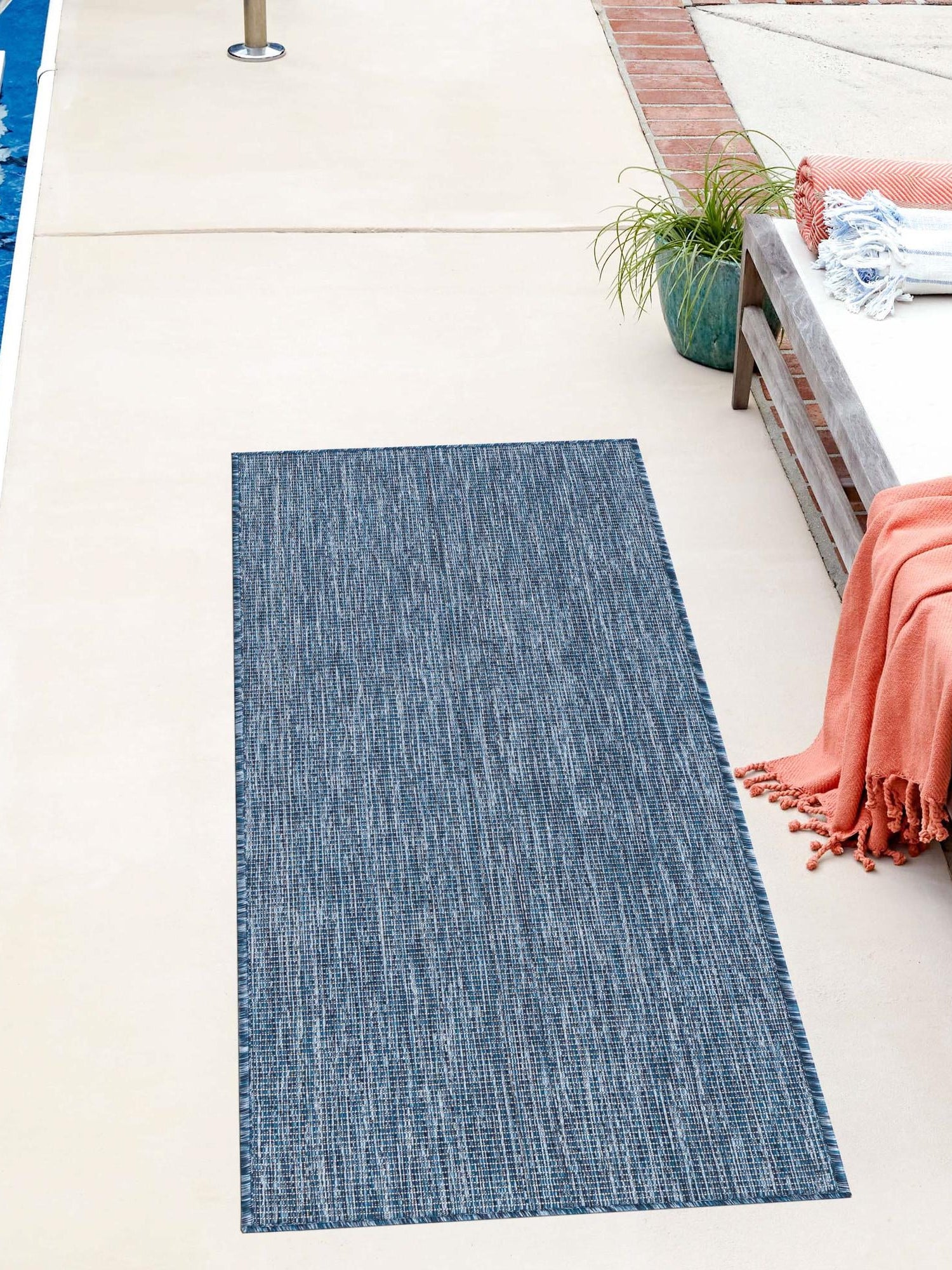 Blue 2' 7 x 10' Outdoor Solid Runner Area Rug Weather Resistant for Patio, Deck, Terrace, Balcony, Porch 100% Polypropylene Minimalist Waterproof Carpet for Sale at Rug Engine