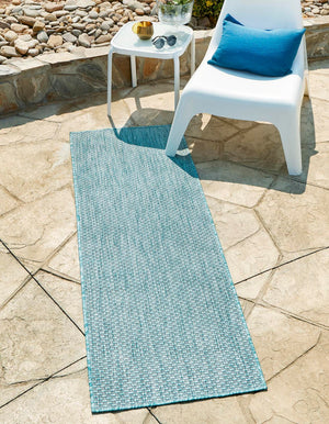 Aquamarine 2' 7 x 10' Outdoor Solid Runner Area Rug Weather Resistant for Patio, Deck, Terrace, Balcony, Porch 100% Polypropylene Minimalist Waterproof Carpet for Sale at Rug Engine