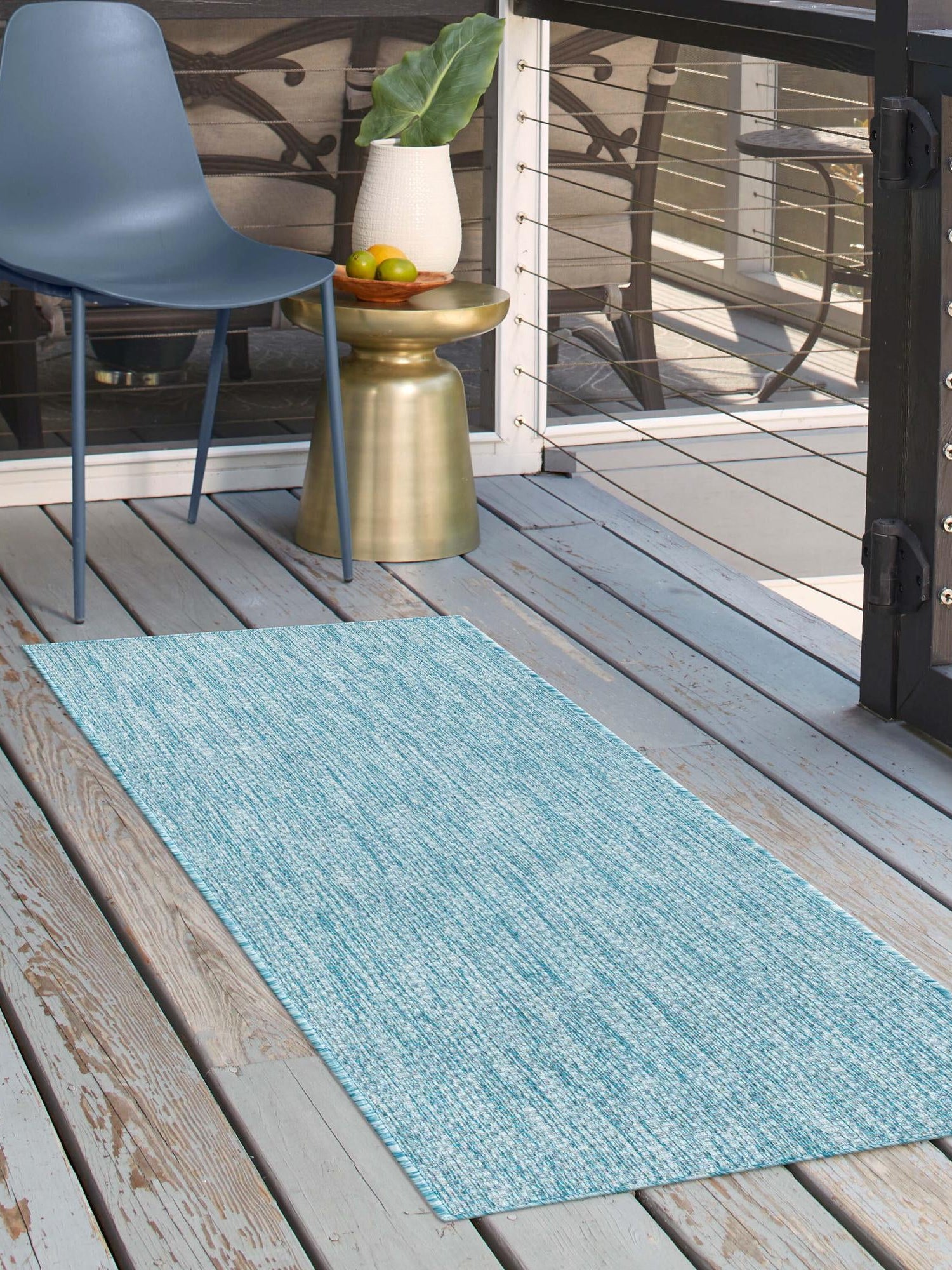 Aquamarine 2' x 8' Outdoor Solid Runner Area Rug Weather Resistant for Patio, Deck, Terrace, Balcony, Porch 100% Polypropylene Minimalist Waterproof Carpet for Sale at Rug Engine