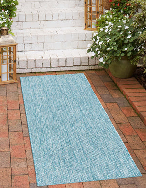 Aquamarine 2' 7 x 10' Outdoor Solid Runner Area Rug Weather Resistant for Patio, Deck, Terrace, Balcony, Porch 100% Polypropylene Minimalist Waterproof Carpet for Sale at Rug Engine