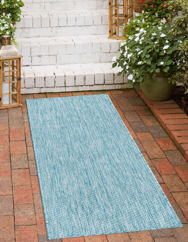 Aquamarine 2' 7 x 10' Outdoor Solid Runner Area Rug Weather Resistant for Patio, Deck, Terrace, Balcony, Porch 100% Polypropylene Minimalist Waterproof Carpet for Sale at Rug Engine