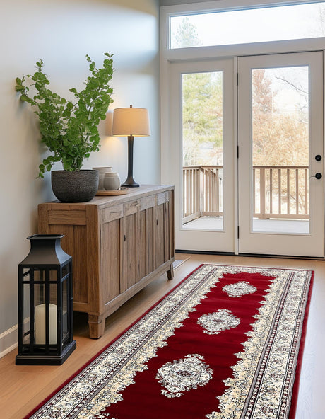 Burgundy 2' 11 x 13' 1 Narenj Runner Area Rug 85% Polypropylene & 15% Polyester Traditional Classic Carpet for Living, Dining, Bedrooms, Office for Sale at Rug Engine