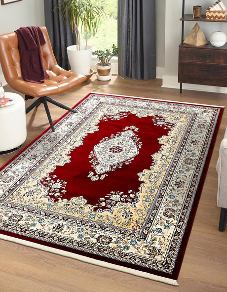 Burgundy 5' 3 x 8' Narenj Rectangle Area Rug 85% Polypropylene & 15% Polyester Traditional Classic Carpet for Living, Dining, Bedrooms, Office for Sale at Rug Engine