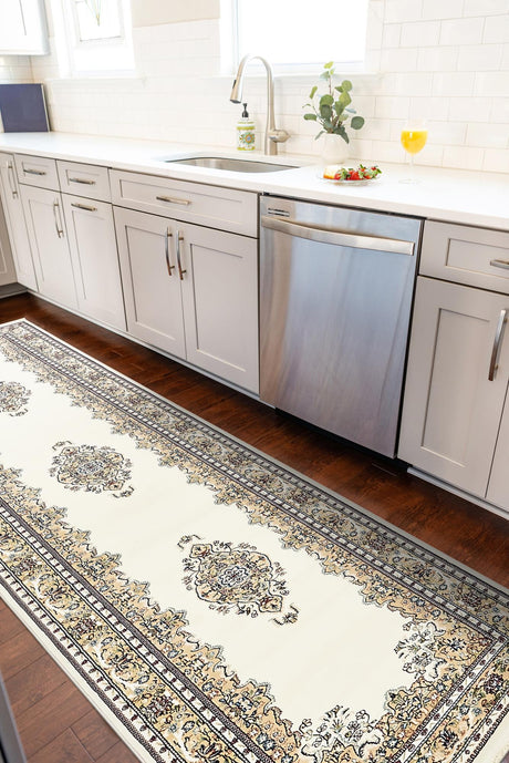 Cream 2' 11 x 13' 1 Narenj Runner Area Rug 85% Polypropylene & 15% Polyester Traditional Classic Carpet for Living, Dining, Bedrooms, Office for Sale at Rug Engine