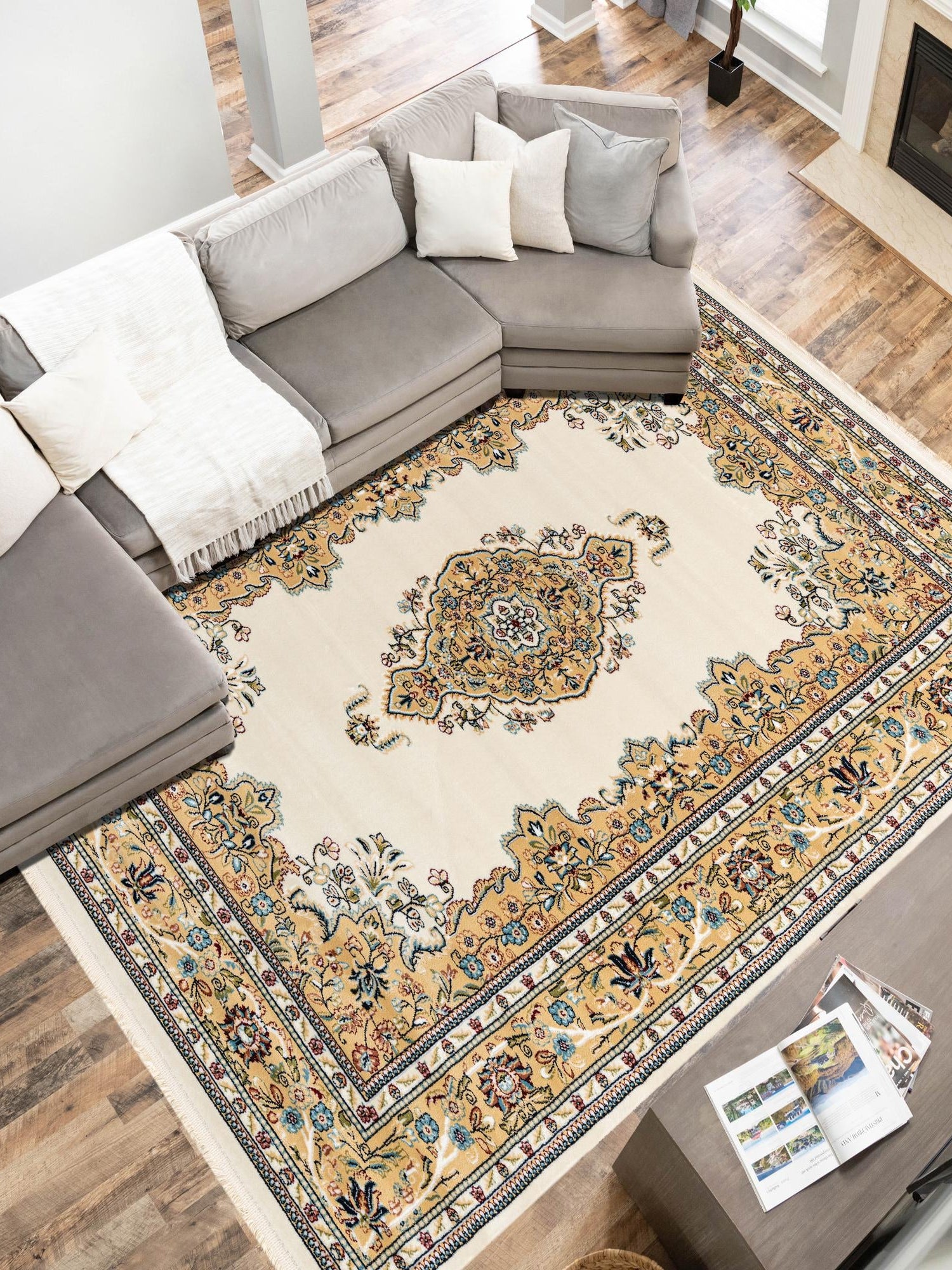 Cream 5' 3 x 8' Narenj Rectangle Area Rug 85% Polypropylene & 15% Polyester Traditional Classic Carpet for Living, Dining, Bedrooms, Office for Sale at Rug Engine