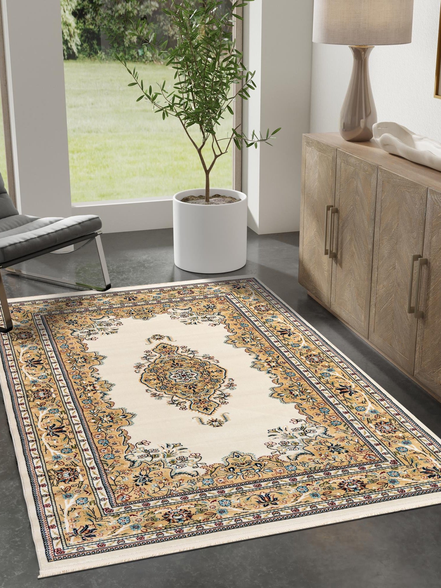 Cream 7' 10 x 10' Narenj Rectangle Area Rug 85% Polypropylene & 15% Polyester Traditional Classic Carpet for Living, Dining, Bedrooms, Office for Sale at Rug Engine