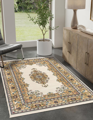 Cream 5' 3 x 8' Narenj Rectangle Area Rug 85% Polypropylene & 15% Polyester Traditional Classic Carpet for Living, Dining, Bedrooms, Office for Sale at Rug Engine