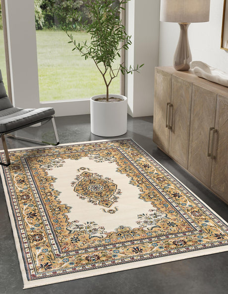 Cream 5' 3 x 8' Narenj Rectangle Area Rug 85% Polypropylene & 15% Polyester Traditional Classic Carpet for Living, Dining, Bedrooms, Office for Sale at Rug Engine